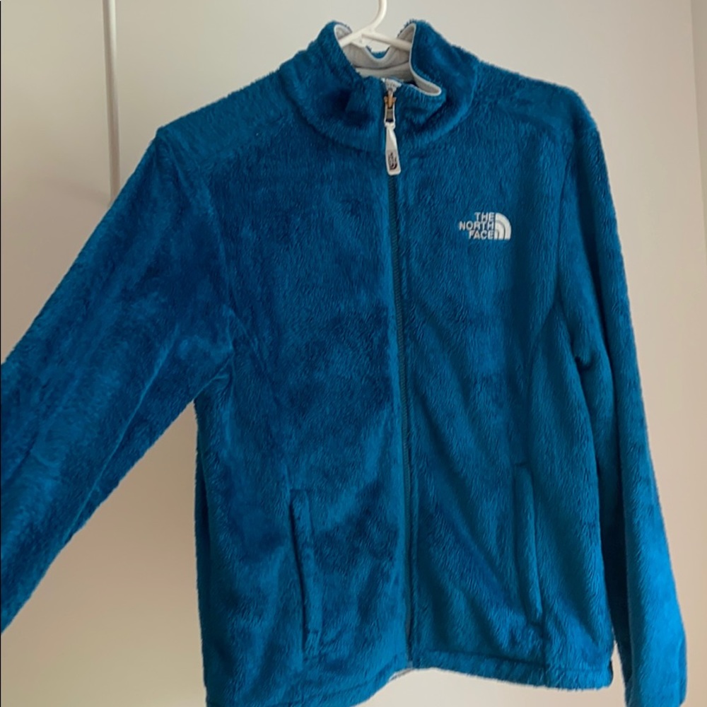 Blue fuzzy north face jacket